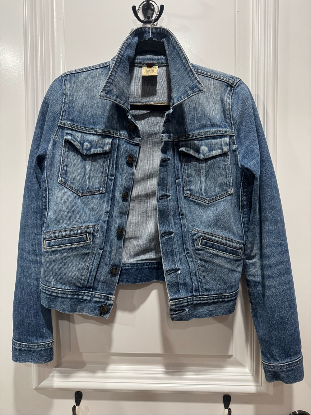 7 For All Mankind Distressed Utility Denim Trucker Jacket Medium Wash